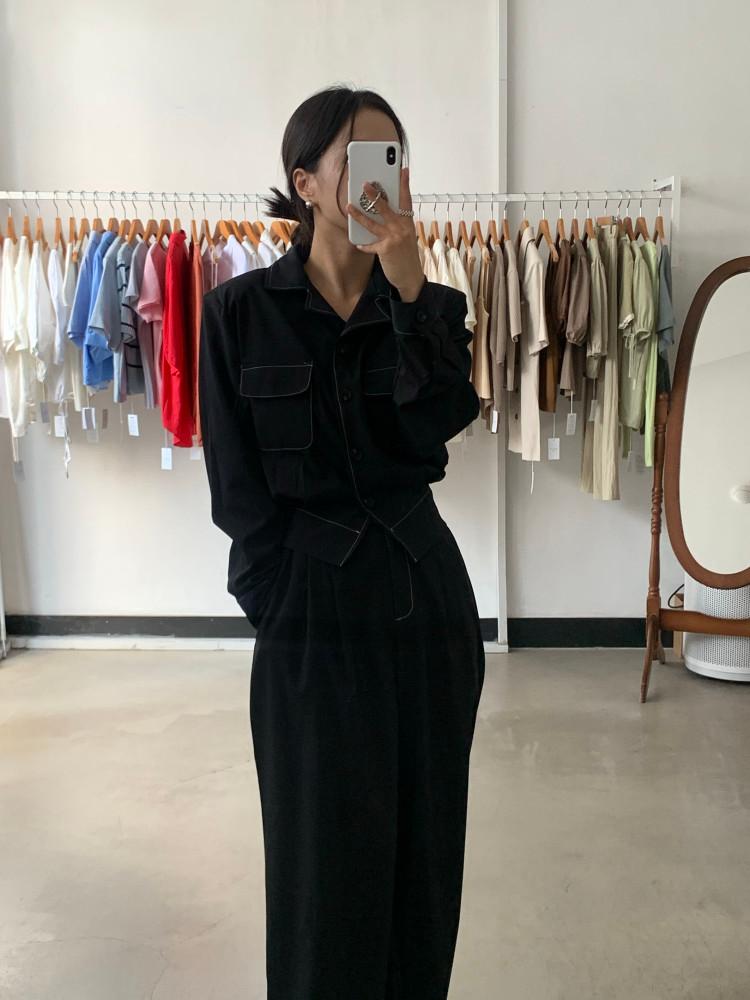 메이 스티치 긴팔 크롭 블라우스 (2col)