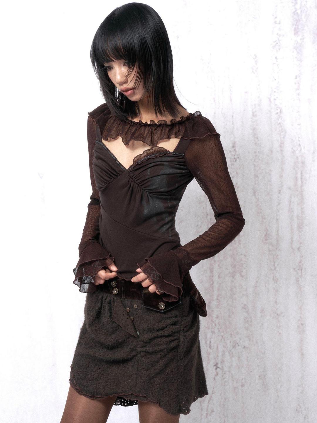 OPEN AESTHETIC  레이스 브이넥 플라워 프린트 긴팔 이너 톱