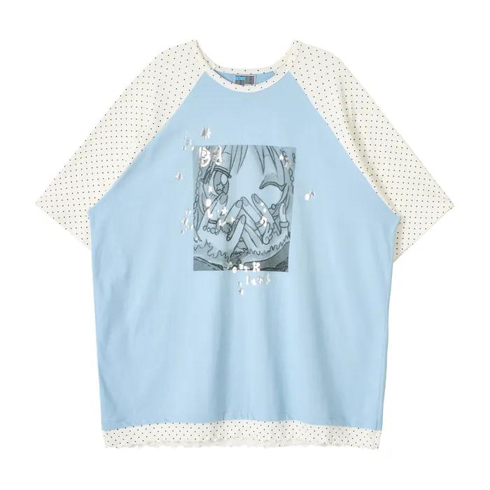 YB x Oliwa Oversized  Dot Raglan Top _Light Blue