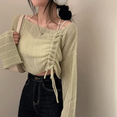 [시스루] 여름까지쭉-! 입술넥 언발 스트링 크롭 그물 니트