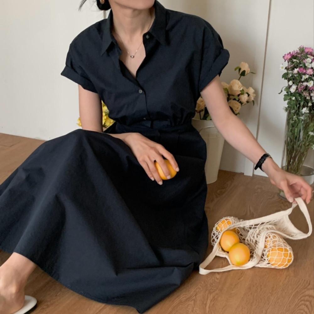 카라 셔츠원피스 반팔 바스락 롱원피스