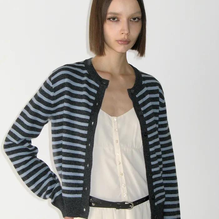 Cashmere Stripe Round Cardigan, CHARCOAL
