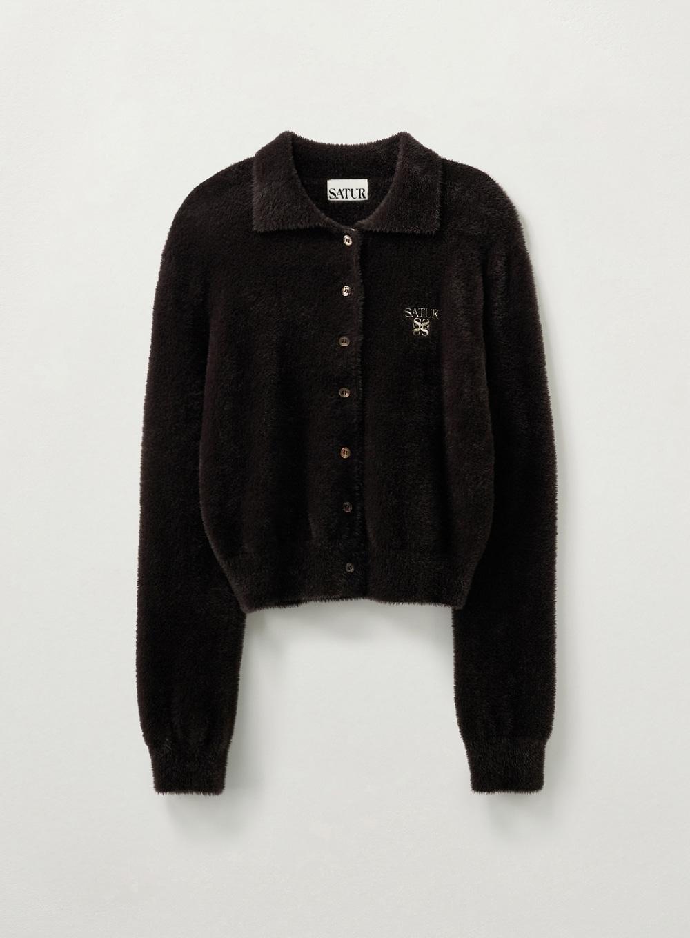 (W) Hairy Collar Knit Cardigan - Dark Brown