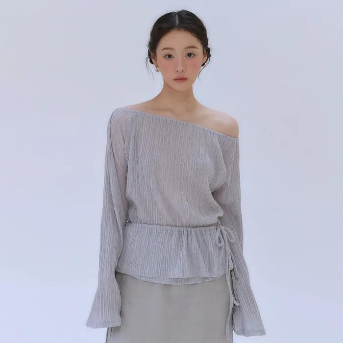 PLEATS TOP LAYERED BLOUSE TEE [ PALE GRAY ]