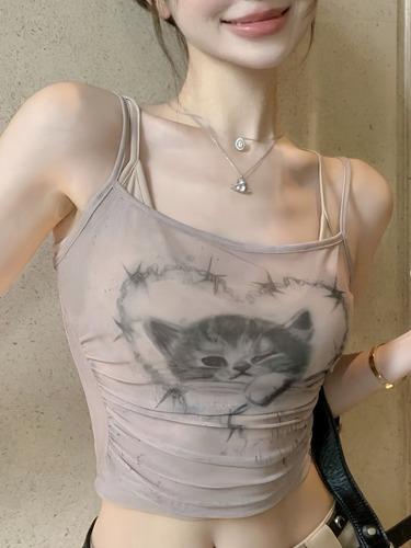 [3type] 에몽 캣 그래픽 고양이 프린팅 레이어드 나시 민소매 셔링 메쉬 시스루 유니크 뷔스티에 크롭 탑 미니 롱 원피스