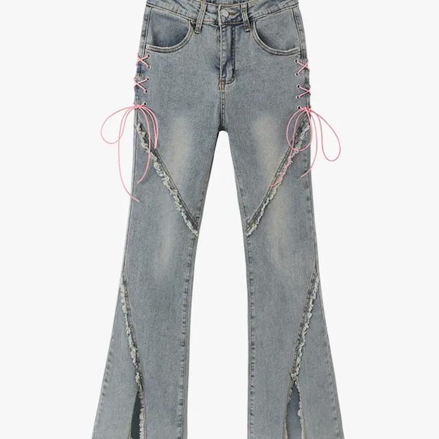 NS14014* 사이드 스트랩 사선 데미지 부츠컷 데님 팬츠