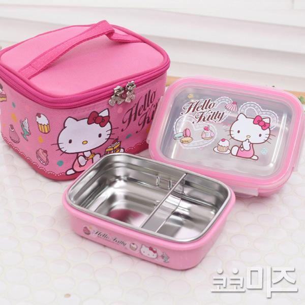헬로키티 이중스텐 2단 도시락통 가방세트 (핑크레이스) 초등학교 소풍 어린이 아동 캐릭터 도시락 싸기