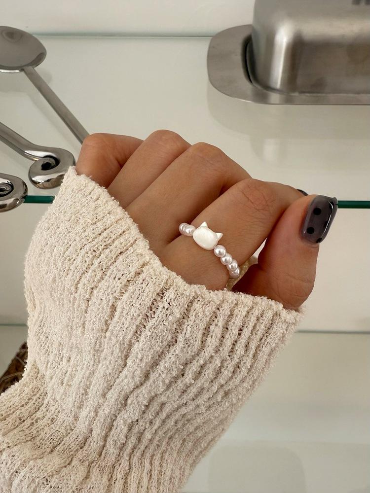 자개 고양이 진주 비즈 밴딩 반지