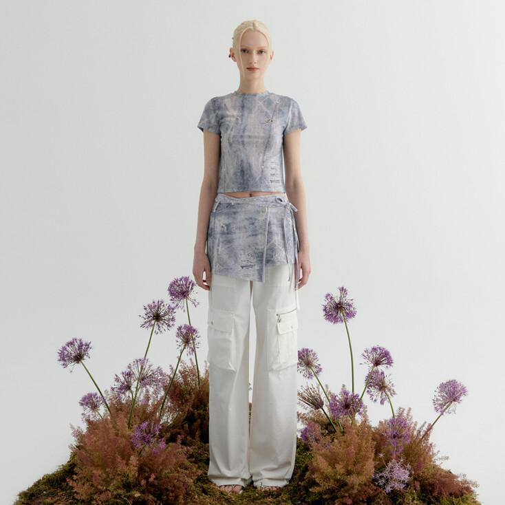 DENIM FULL PRINT WRAP SKIRT - LIGHT BLUE