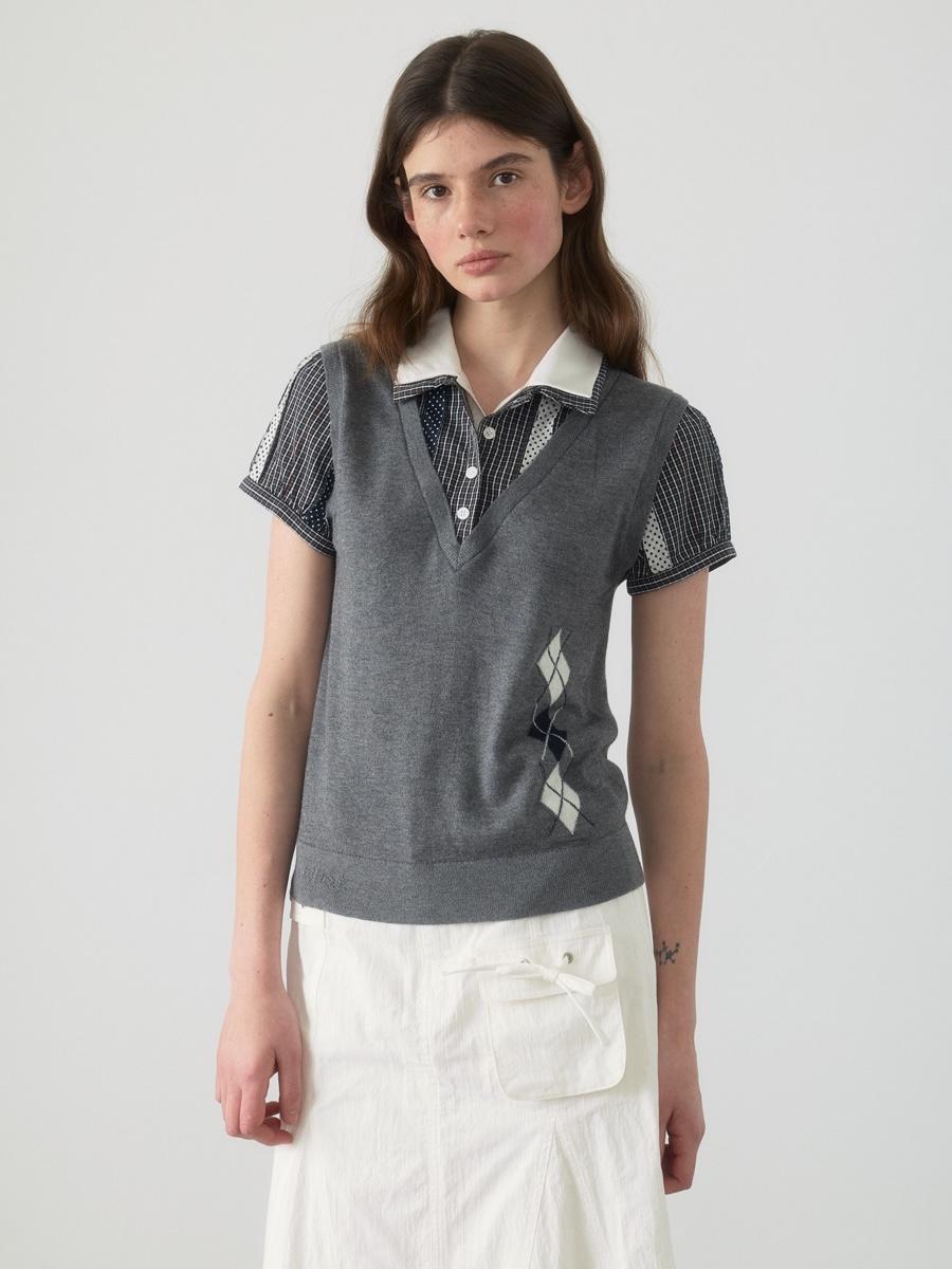 YaWhat Argyle Vest Layer Shirt Top