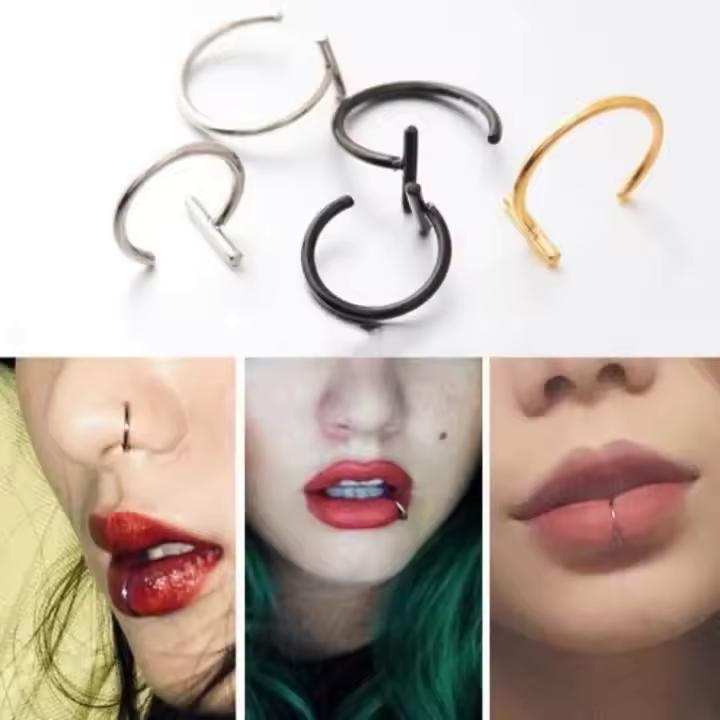 10mm 티타늄 스틸 립 링 커프 클립 가짜 Labret 피어싱 귀 코 고리 남여 여성 Septum Body Jewelry
