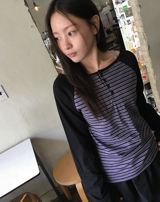 샤바닌 스트라이프 헨리넥 긴팔 티