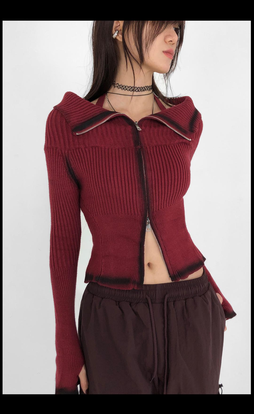 레스카 오프숄더 집업 니트 가디건