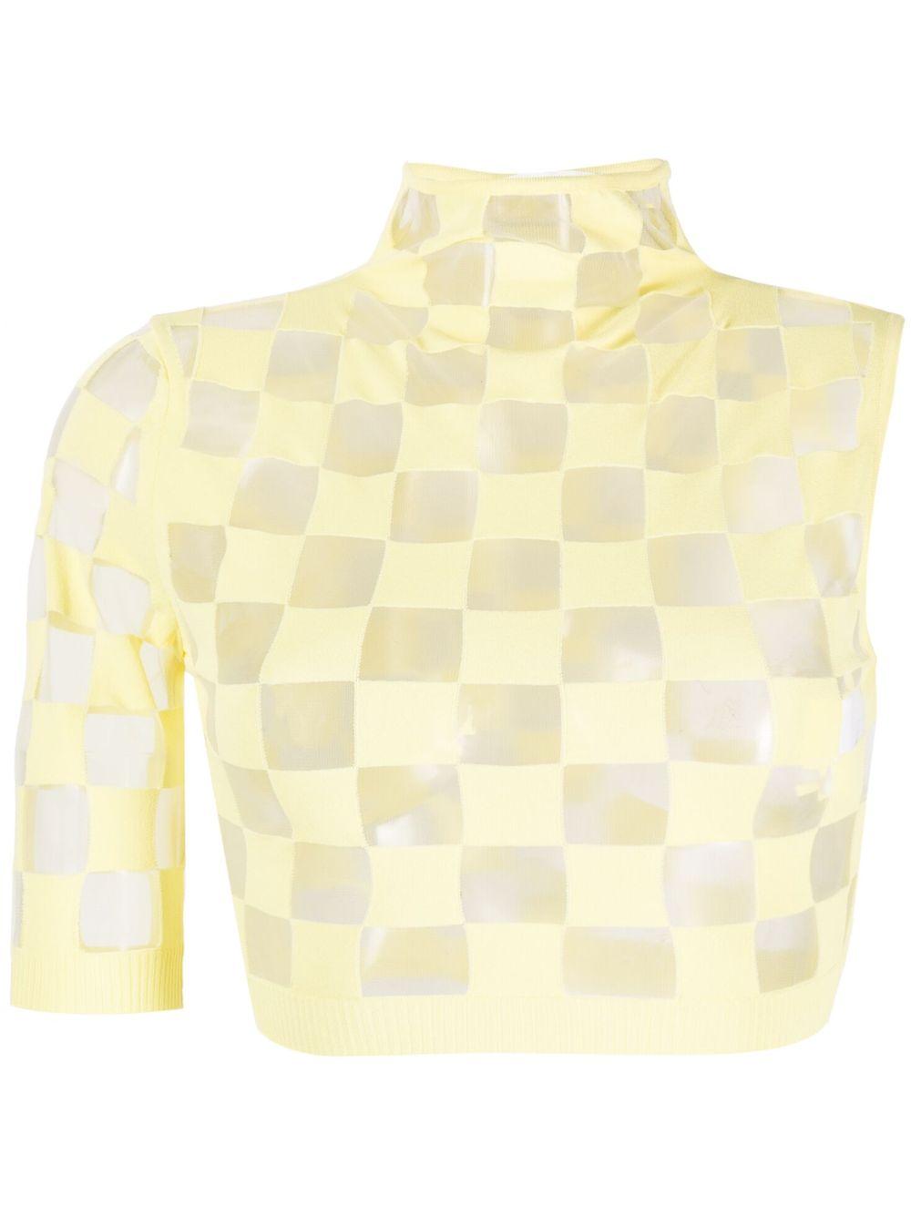 체크 패턴 비대칭 크롭 탑