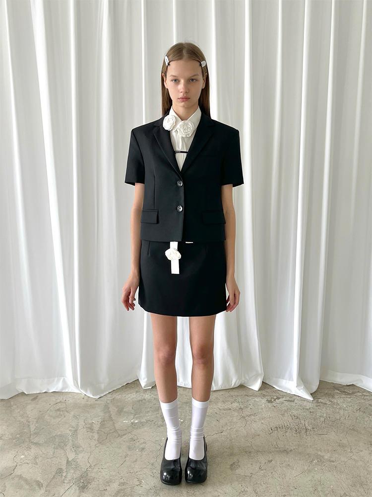 PFF GIRL black worsted wool short-sleeved suit + skirt suit 블랙 여름 정장 세트
