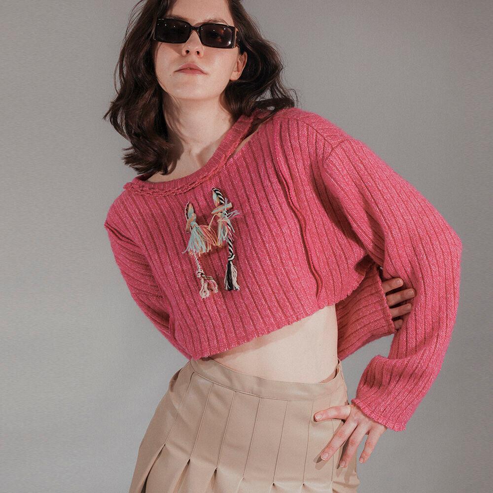 네크라인 컷 아웃 토글 니트 크롭 티셔츠