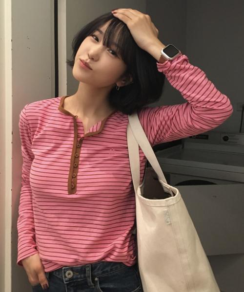 [쁨이착용] STRIPE HENLEY T-SHIRT_PINK