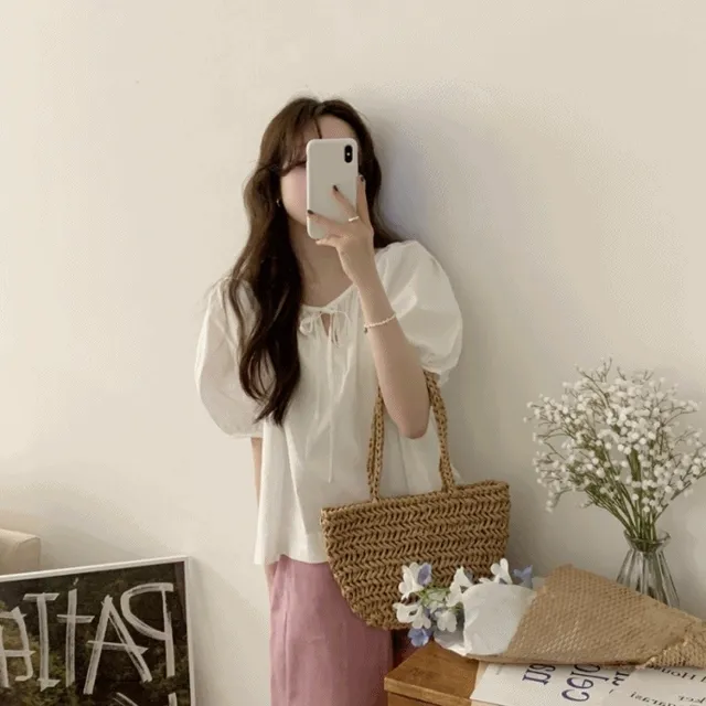 히레 러블리 퍼프 리본 블라우스(3color)