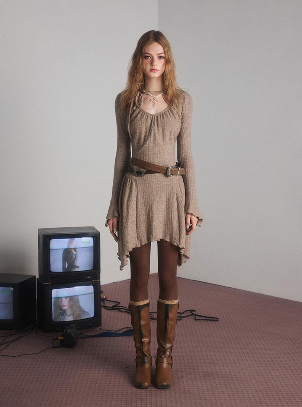 Flared Cuffs V-Neck Dress