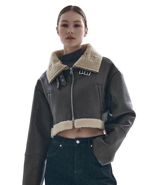 비건 레더 양털 플리스 벨티드 크롭 무스탕 자켓 [브라운]