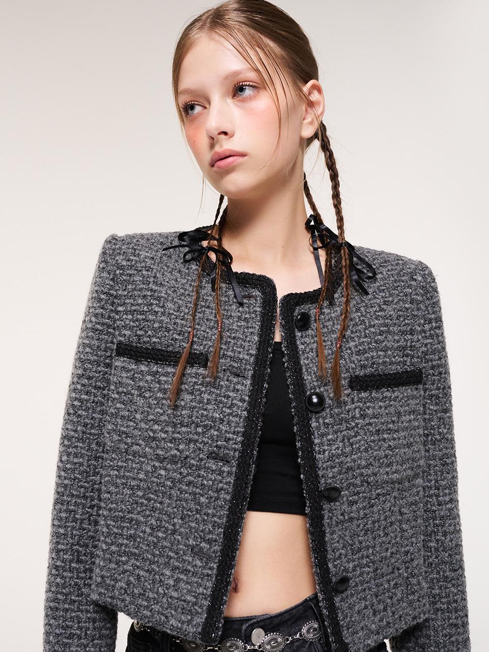 Round Trimmed Tweed Jacket, Charcoal Grey