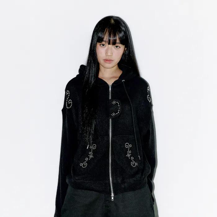 STUDDED TWO-WAY HOODIE ZIP UP, BLACK