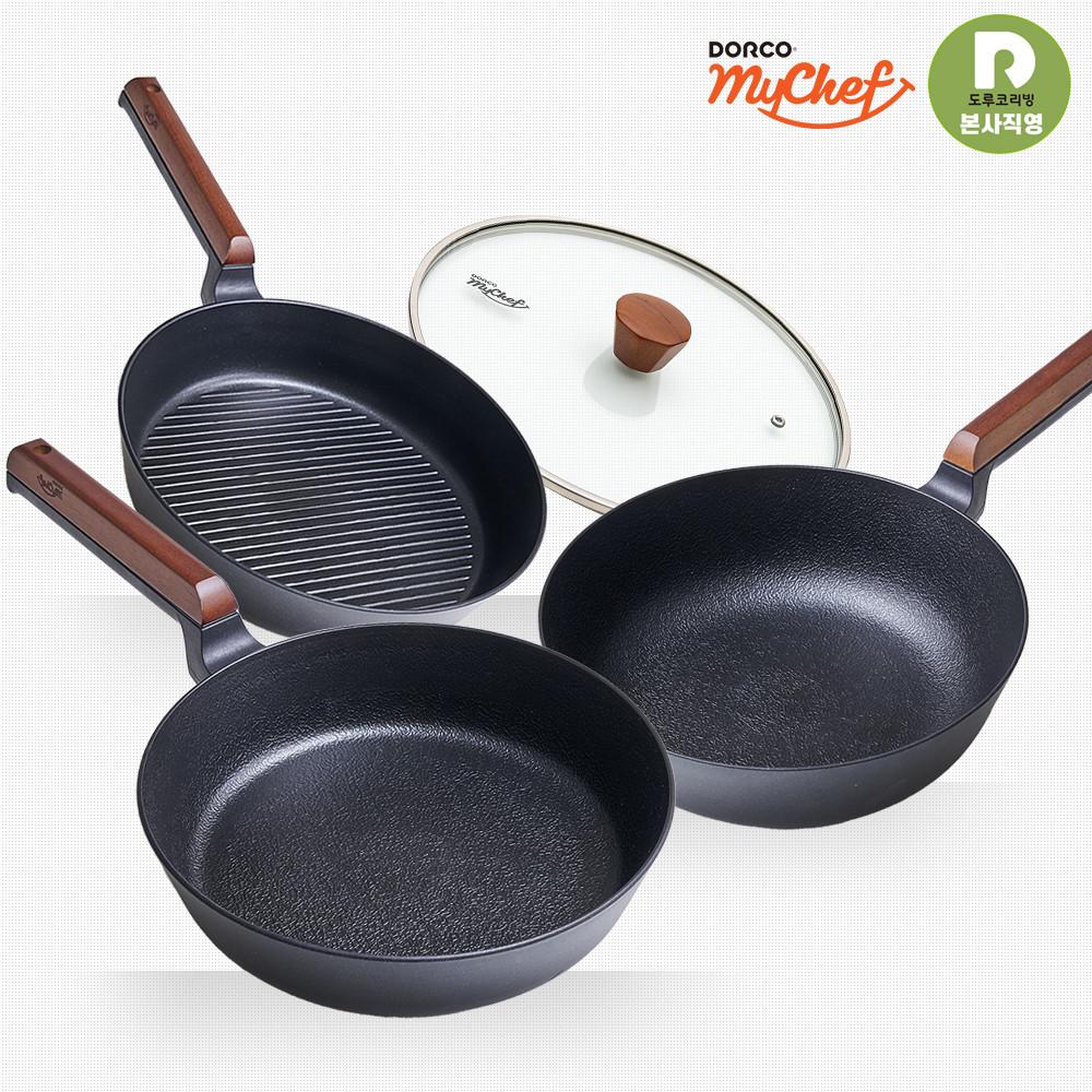 [4종 세트] 도루코 마이셰프 헤이즐 프라이팬 4종 세트(그릴팬 + 프라이팬 + 궁중팬 + 유리뚜껑)