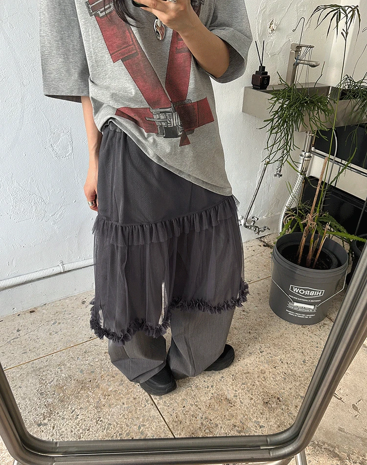 매쉬 레이어드 스커트 팬츠