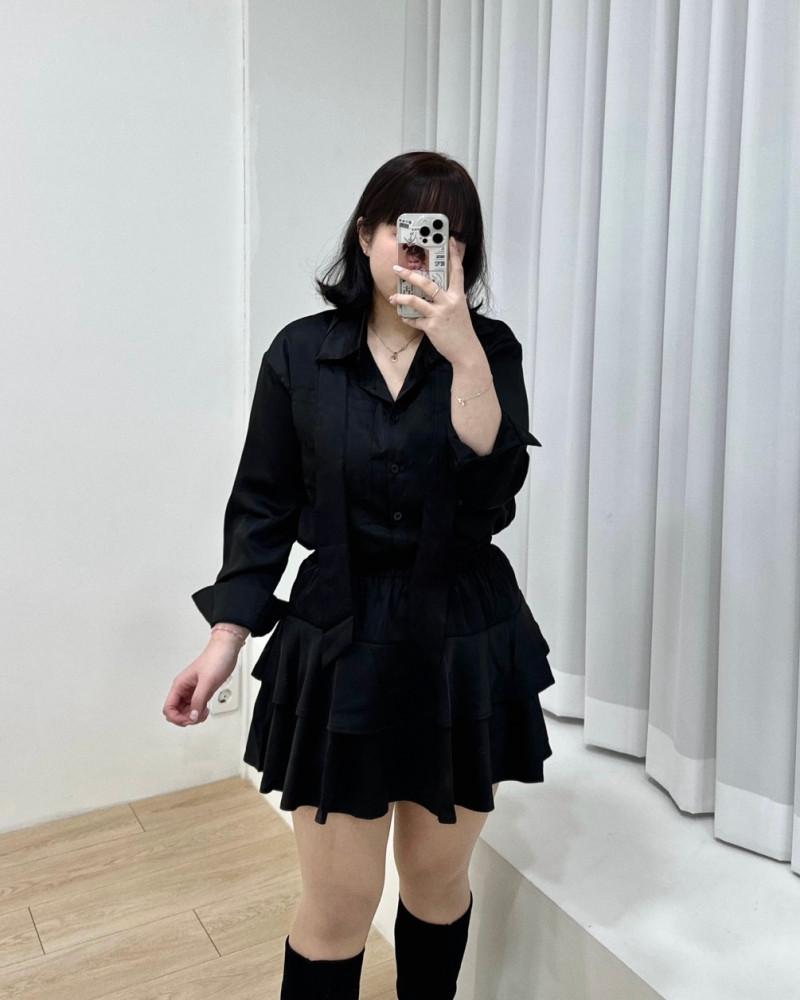 [55-77] 실키 블라우스+미니 캉캉 스커트 투피스 타이 set