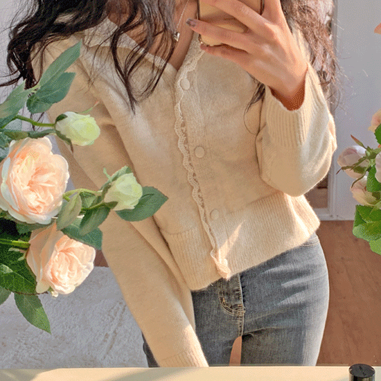 [강력추천/ 가성비갑 ] 디어, 어깨 셔링 소매 퍼프 레이스 가디건