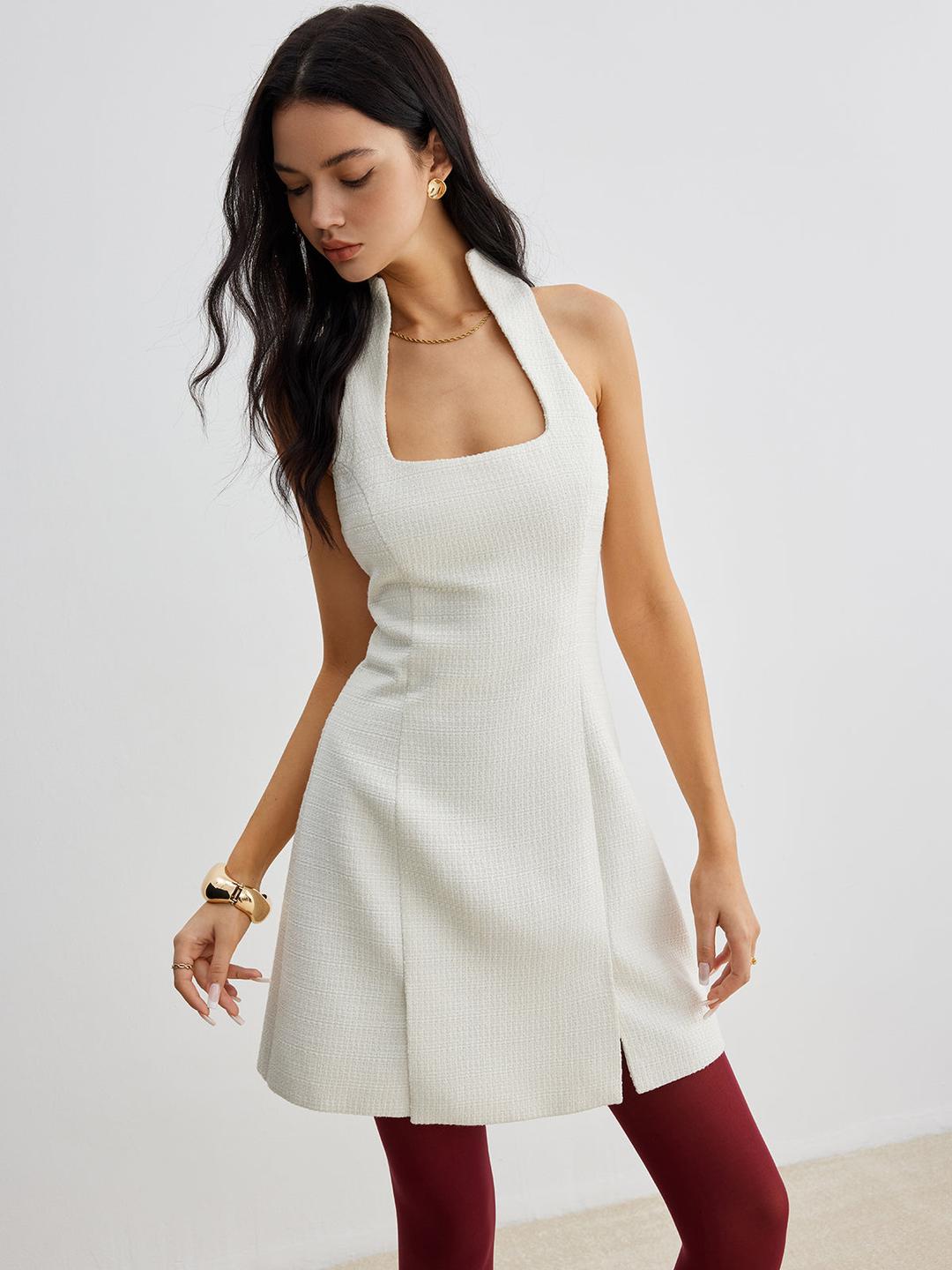 Square Neck Tweed Zipper Dress - Off-White / XS
