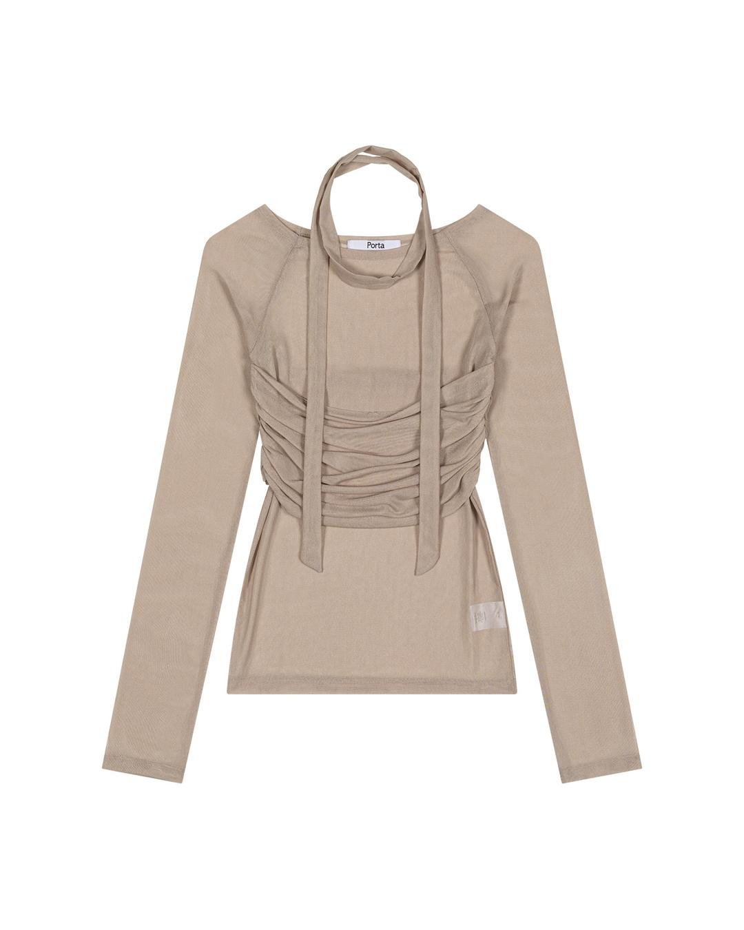 MESH RIBBON OFF-SHOULDER DRAPE TOP, BEIGE