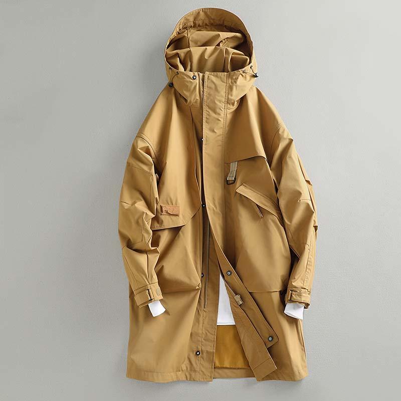 Retro Mid-length Hooded Casual Windbreaker Jacket - Khaki / XS(US)/M(Japan)