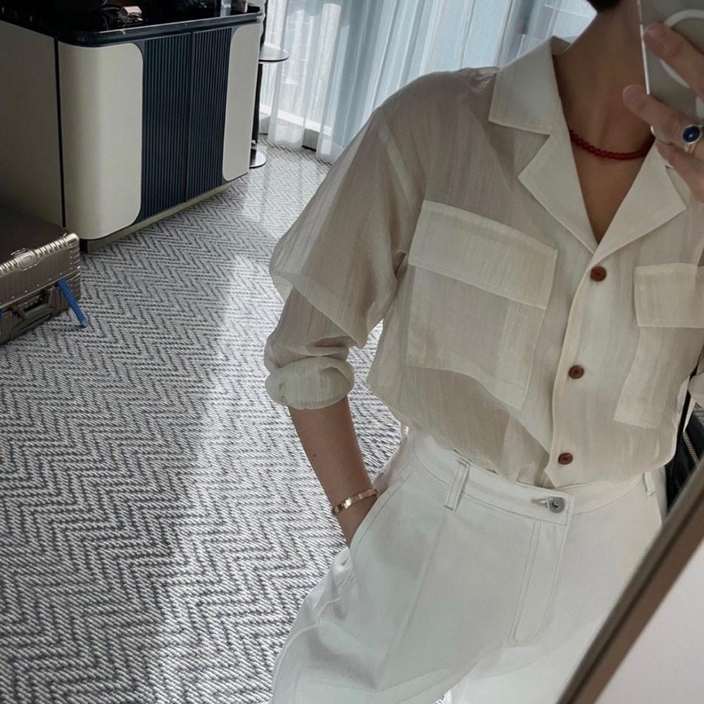 포켓 시스루 블라우스 여름 여성 긴팔 카라 셔츠 남방