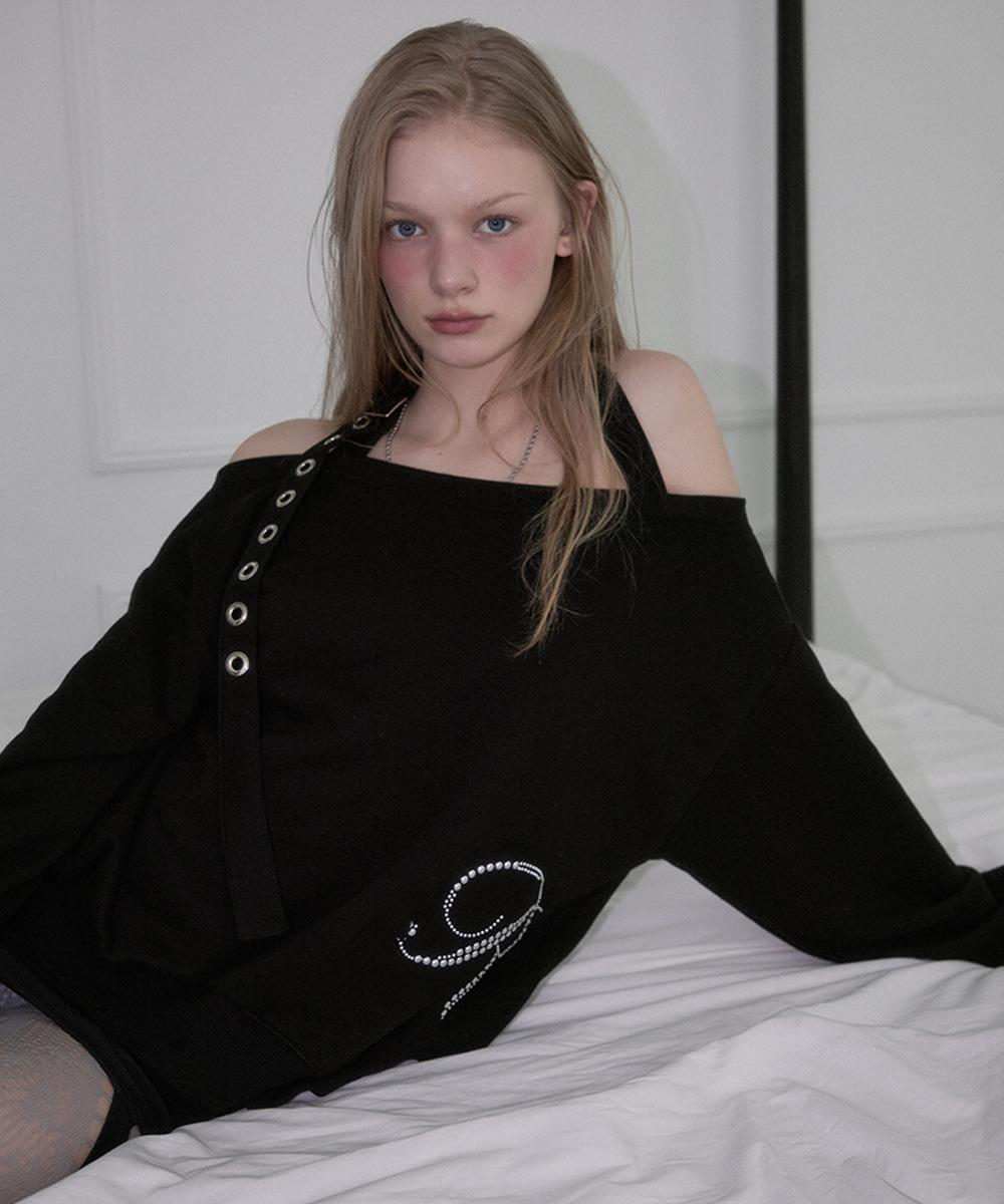 Eyelet Strap Open Sweatshirt [Black]