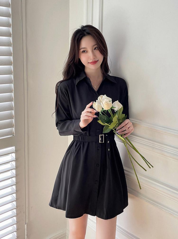 시크 오픈카라 허리밴딩 클립 앞트임 셔츠 미니원피스