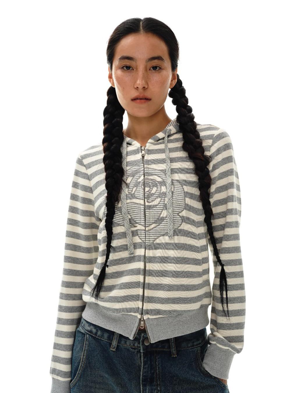 Flower Grey Striped Hood Zip-Up