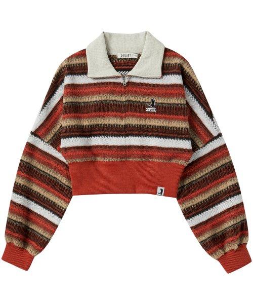[ WOMAN ] KNIT STRIPE HALF ZIP-UP ORANGE