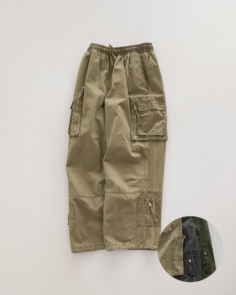 더블 카고 와이드 스트링 밴딩 팬츠