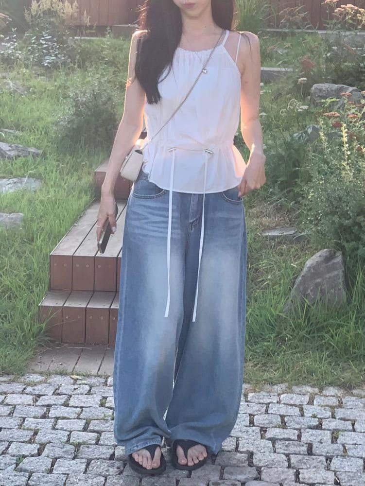 썸머 연청 벌룬 와이드 데님 롱 팬츠