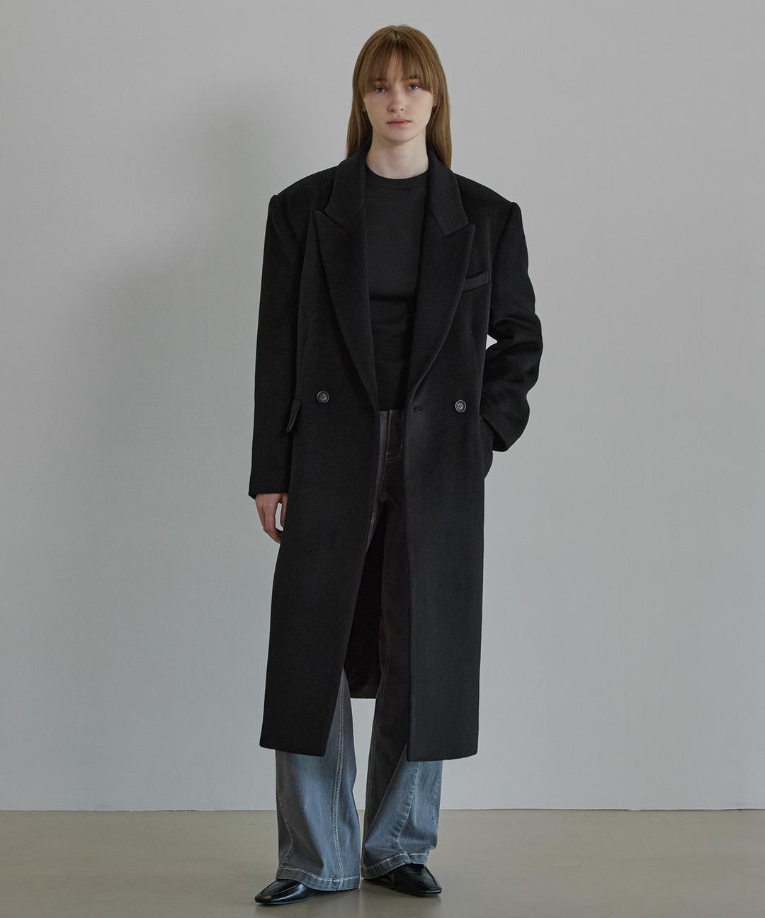 Silk blended herringbone overfit coat - Black