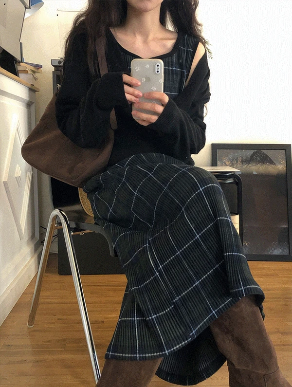 [당일/겉기모] 이브닝 체크플리츠롱원피스 (단독주문만 당일 출고 가능!)