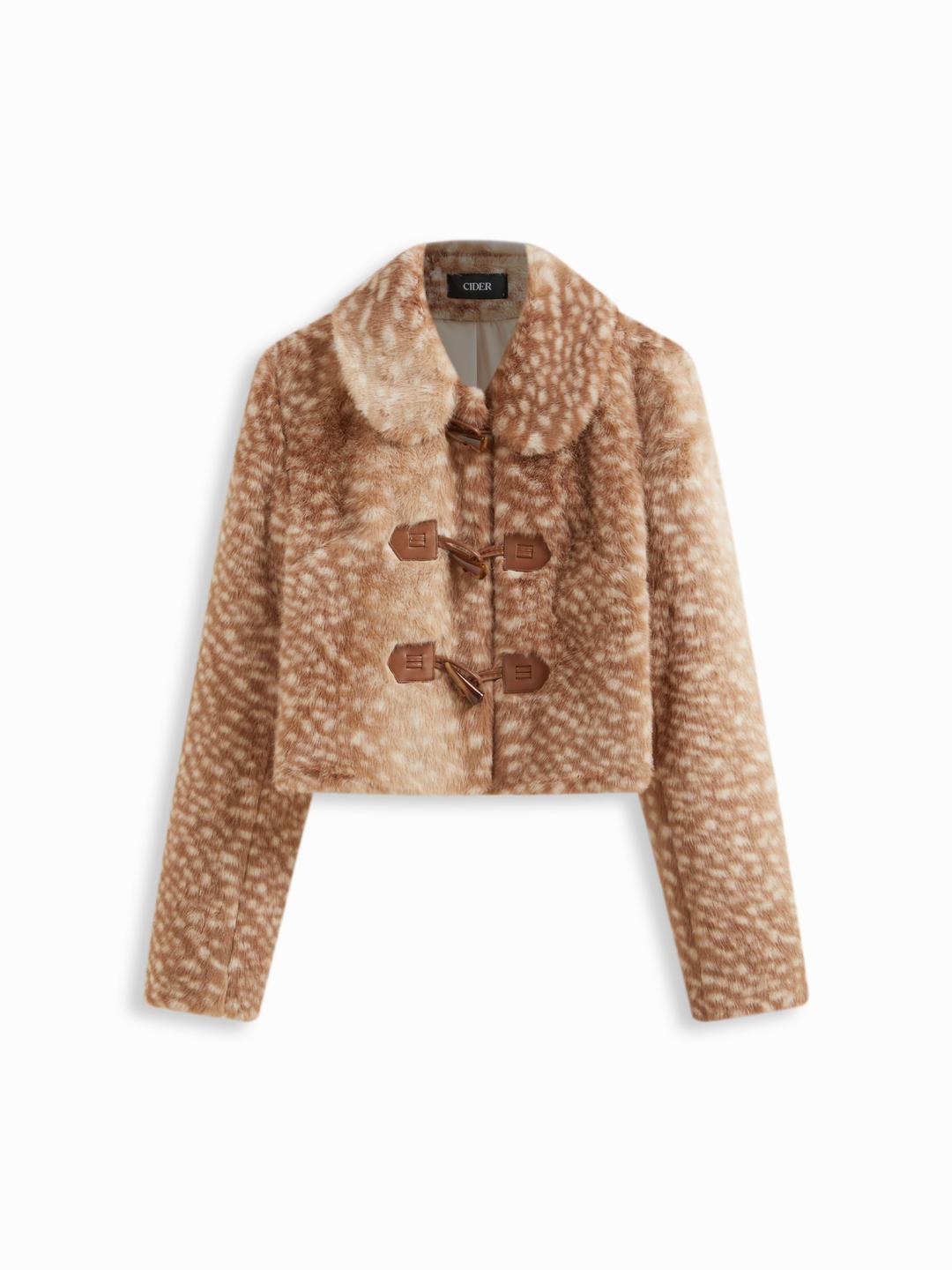 Deer Print Faux Fur Collar Toggle Button Crop Jacket