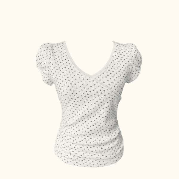 Floral puff sleeve lace shirring top (2colors)