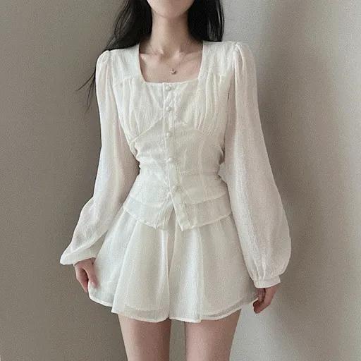 [여리여리,,핏보장!] 허리끈 스퀘어넥 시스루 블라우스 플레어 미니스커트 투피스 세트 3color