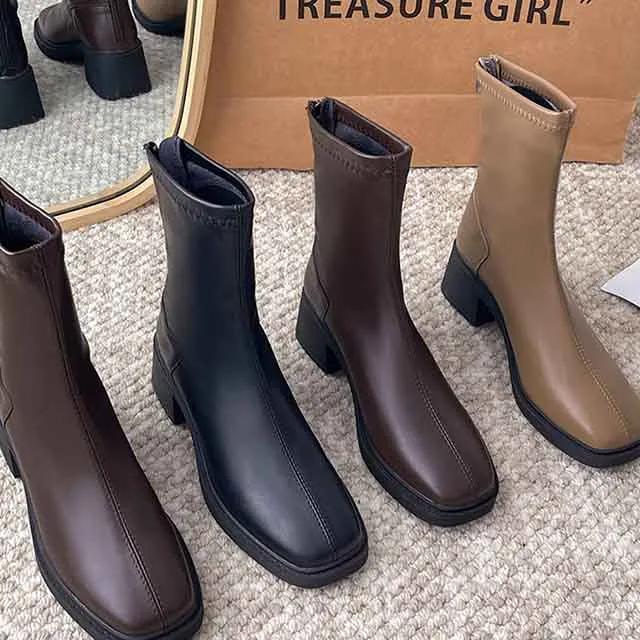 레이디슈 스퀘어 베이직 레더 통굽 미들 숏 앵클부츠 0113