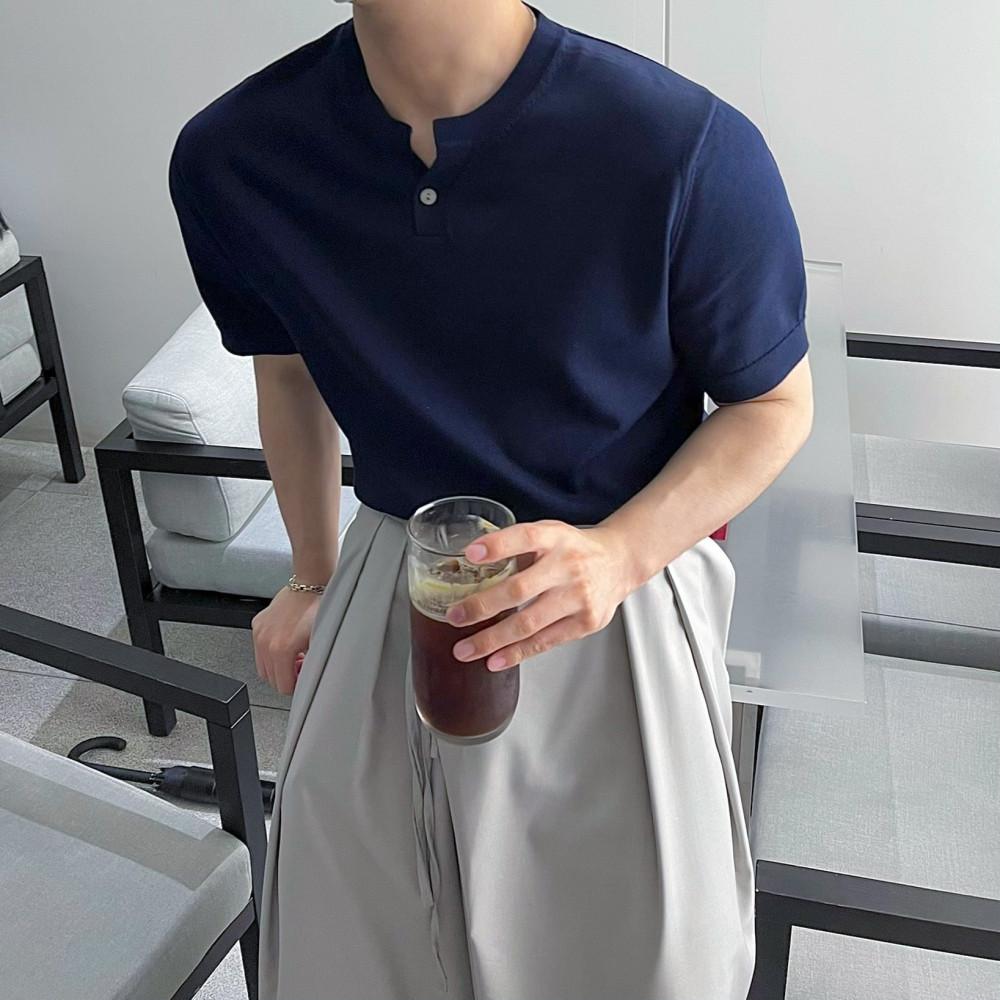 남자 헨리넥 단추 반팔 니트 원버튼 머슬핏 슬림핏 티셔츠 여름 (4컬러) chuckdo