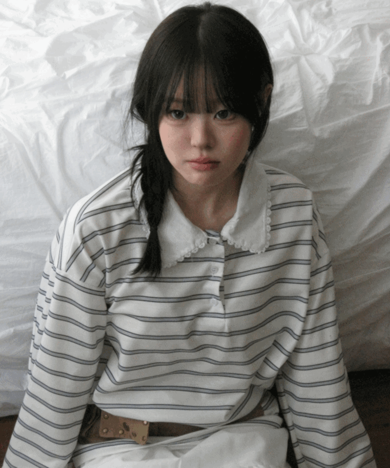 [2color]레이스 프릴 스트라이프 오버핏 카라 티셔츠