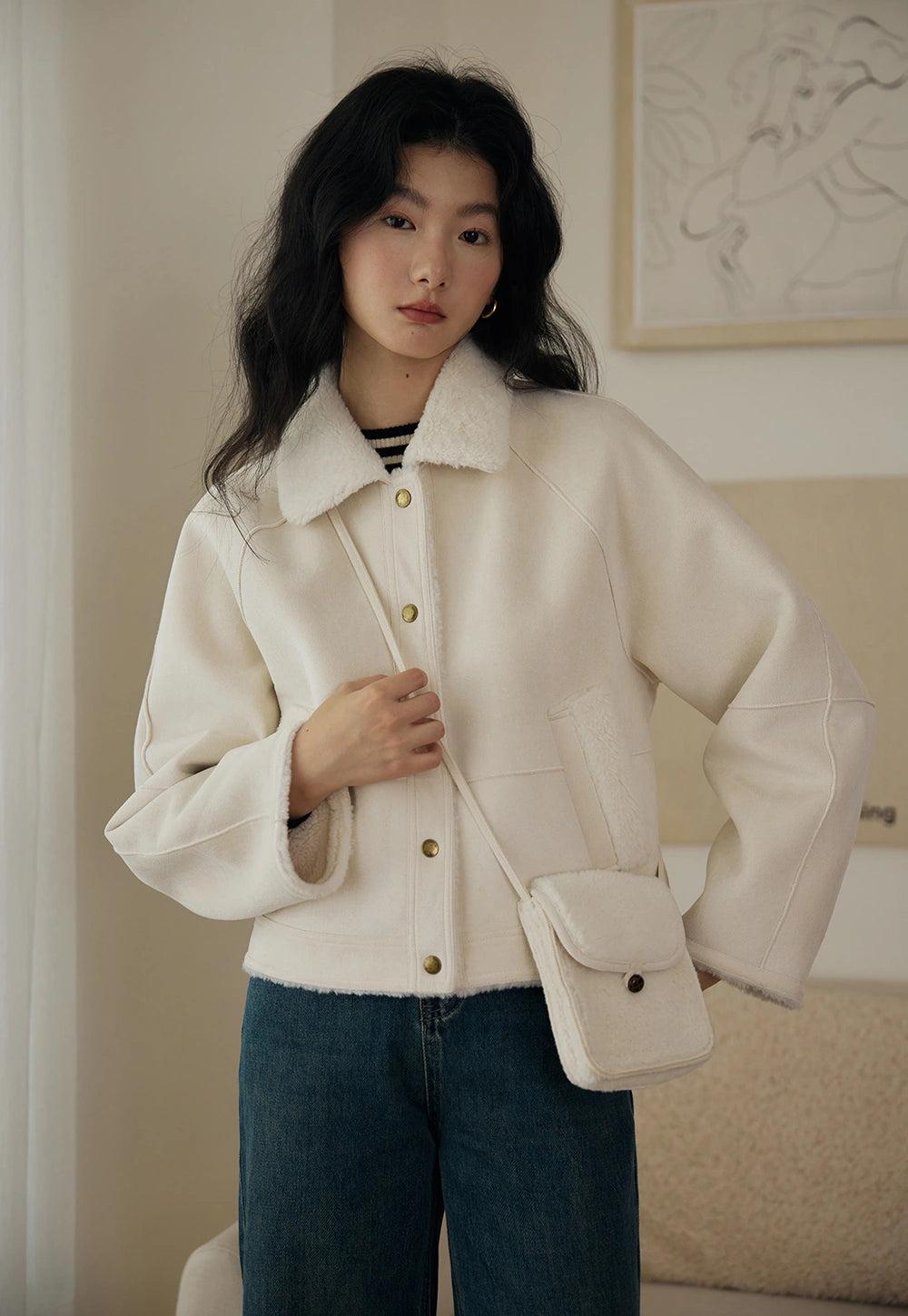 여성용 모조 양털 스웨이드 재킷, 아늑한 칼라