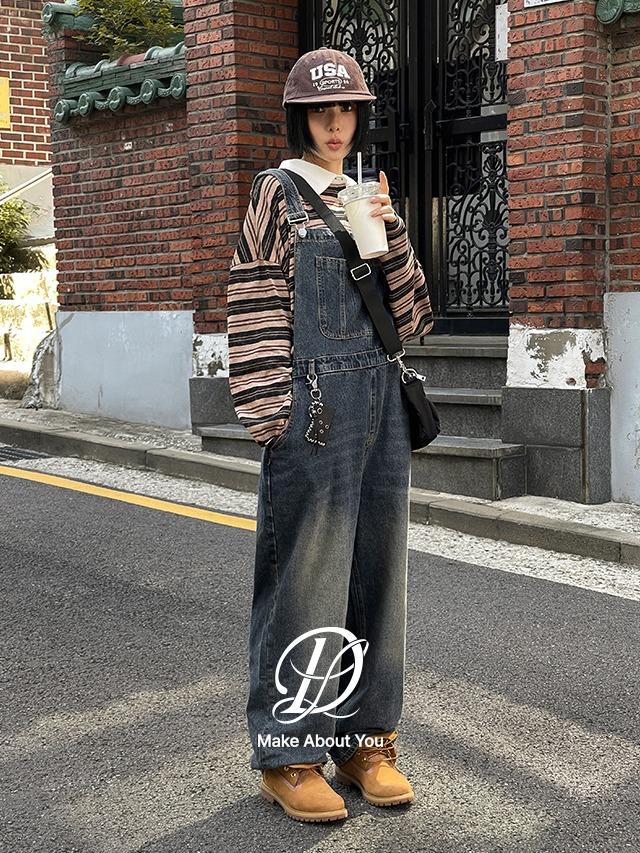 당당걸 [1천장돌파][MADE] 빅사이즈 M-4XL 케빌 워싱 와이드 데님 오버롤 멜빵 바지 팬츠